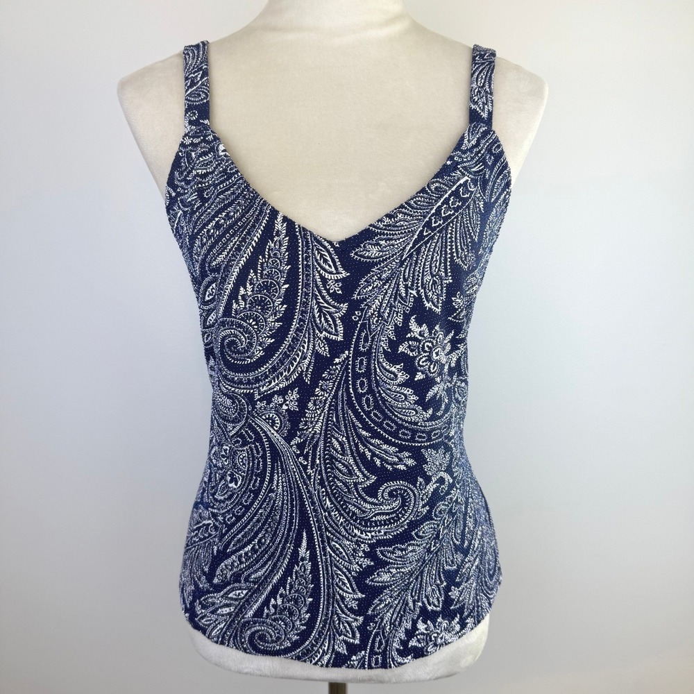 VTG Alex Evenings Glitter Women Navy Blue Metallic Sparkle Paisley V-Neck Tank